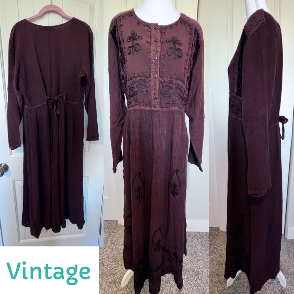 Vintage 90’s Starina Embroidered & Velvet Brown Maxi Dress Sz Large Cottage Core
